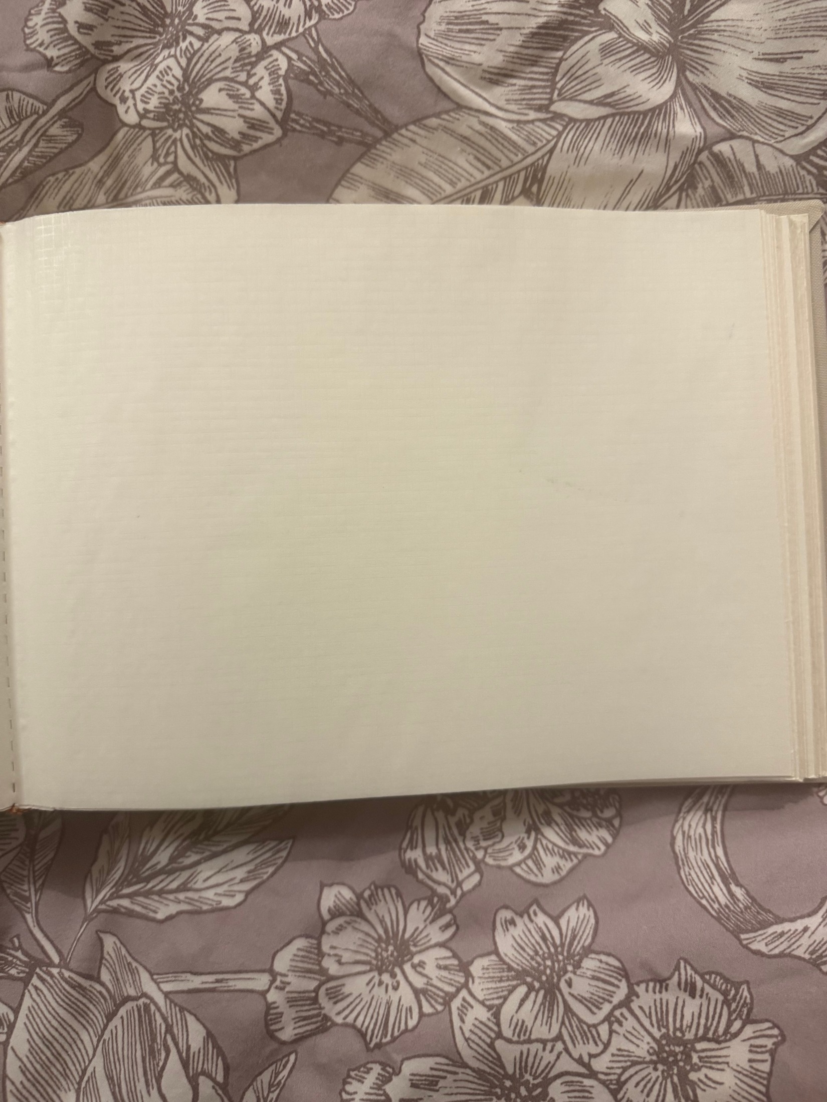 La vraie page blanche de notre album, ouverte sur la couette à fleurs.
